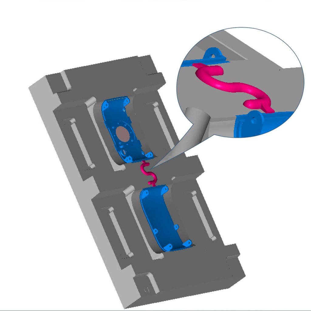 The runner (highlighted in circle) distributes the plastic evenly to each cavity